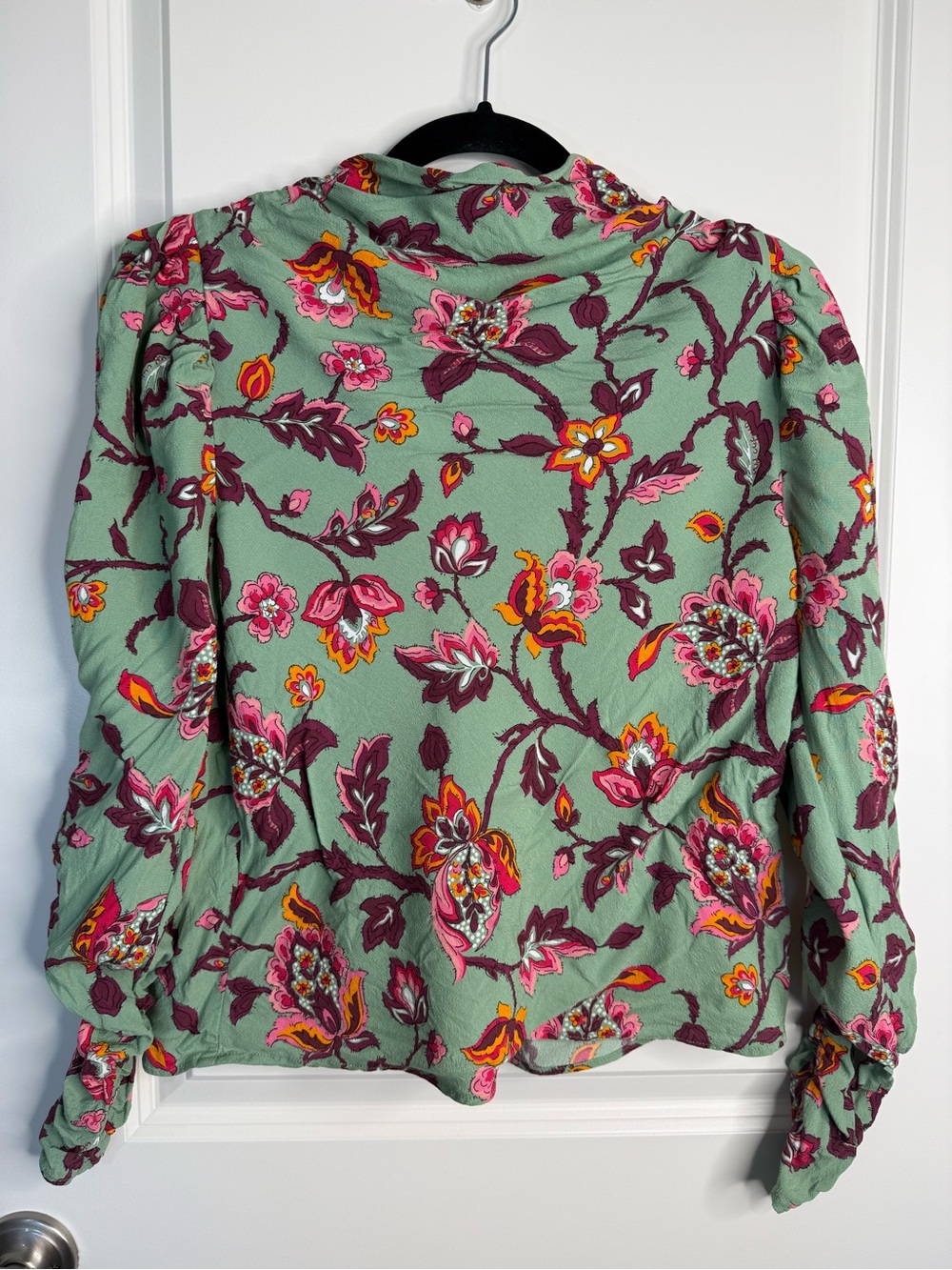 Zara Green Floral Viscose Blouse Tie Cuff Long Sleeve Top M Fits Small